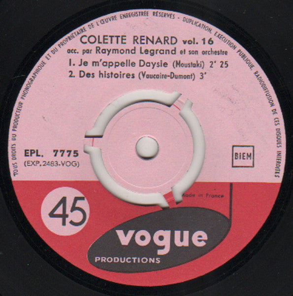 Colette Renard Accompagnée Par Raymond Legrand Et Son Orchestre : Vol. 16 - La Taxi Girl (7", EP)