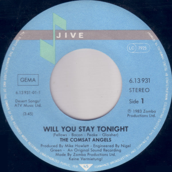 The Comsat Angels : Will You Stay Tonight (7", Single)