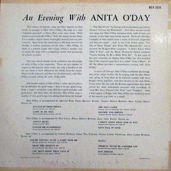 Anita O'Day : An Evening With Anita O'Day (LP, Album, Mono, RE)