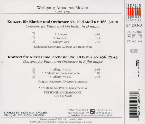Wolfgang Amadeus Mozart - Annerose Schmidt, Dresdner Philharmonie, Kurt Masur : Piano Concertos Nos. 18 & 20 (CD, Album, RE, RM)