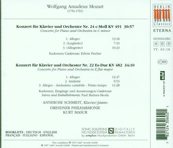 Wolfgang Amadeus Mozart - Annerose Schmidt, Dresdner Philharmonie, Kurt Masur : Piano Concertos Nos. 22 & 24 (CD, Comp, RE, RM)