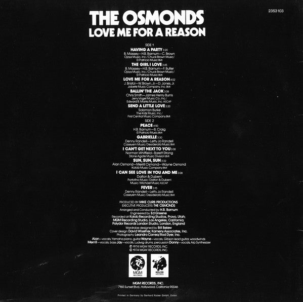 The Osmonds : Love Me For A Reason (LP, Album)