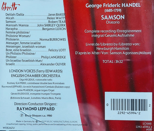 Georg Friedrich Händel, Raymond Leppard, English Chamber Orchestra, London Voices, Newburgh Hamilton, John Milton (2) : Samson Oratorio (Complete) (3xCD)