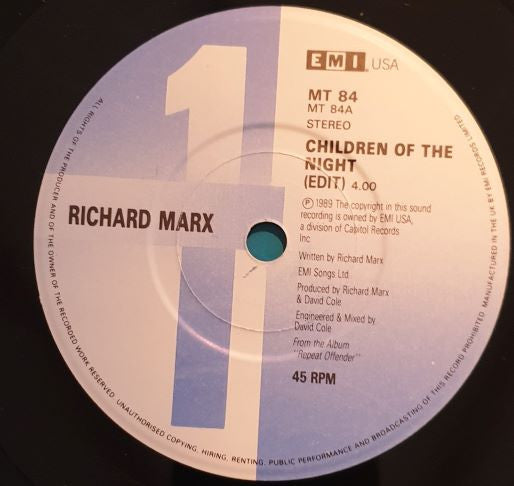 Richard Marx : Children Of The Night (7", Single, Pap)