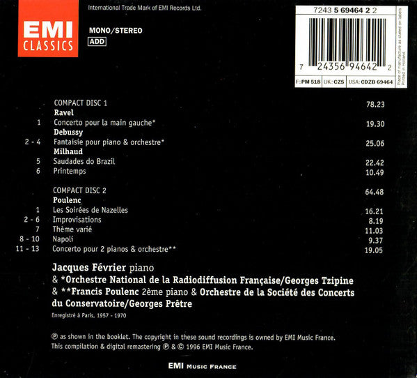Jacques Février - Maurice Ravel, Claude Debussy, Darius Milhaud, Francis Poulenc : Ravel, Debussy, Milhaud, Poulenc (2xCD, Comp, Mono, RM)
