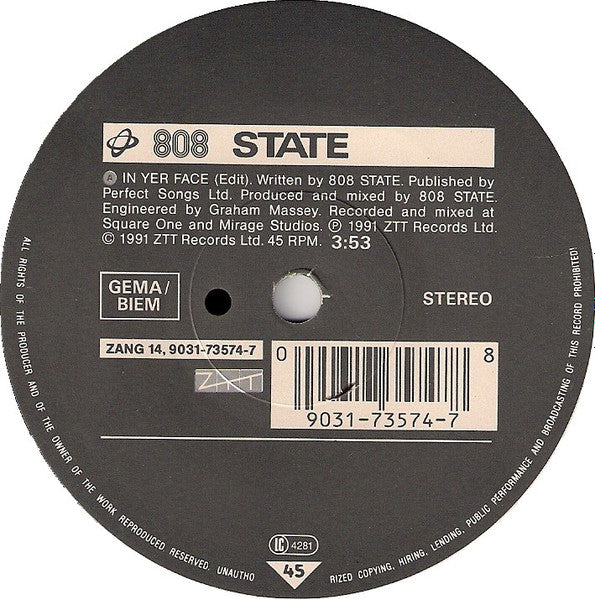 808 State : In Yer Face (7", Single)