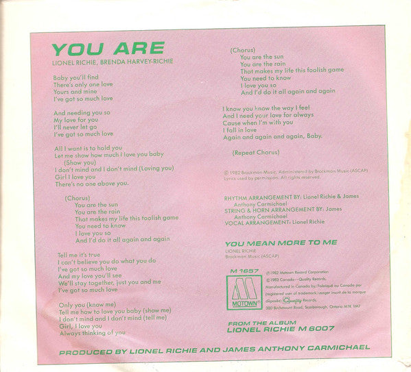 Lionel Richie : You Are / You Mean More To Me (7", Single)