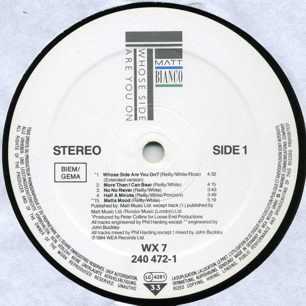 Matt Bianco : Whose Side Are You On (LP, Album, Tel)