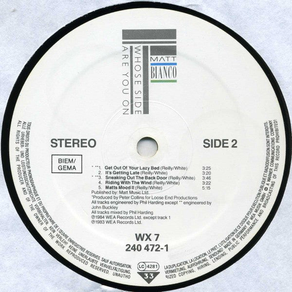 Matt Bianco : Whose Side Are You On (LP, Album, Tel)