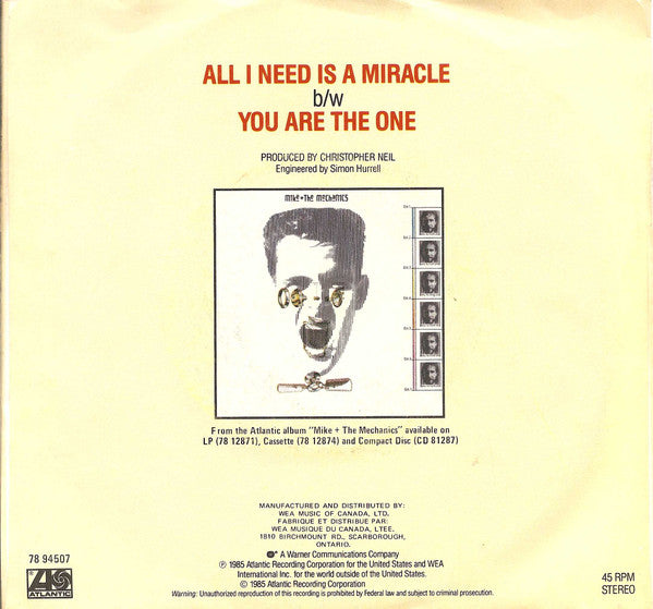 Mike & The Mechanics : All I Need Is A Miracle (7", Single)