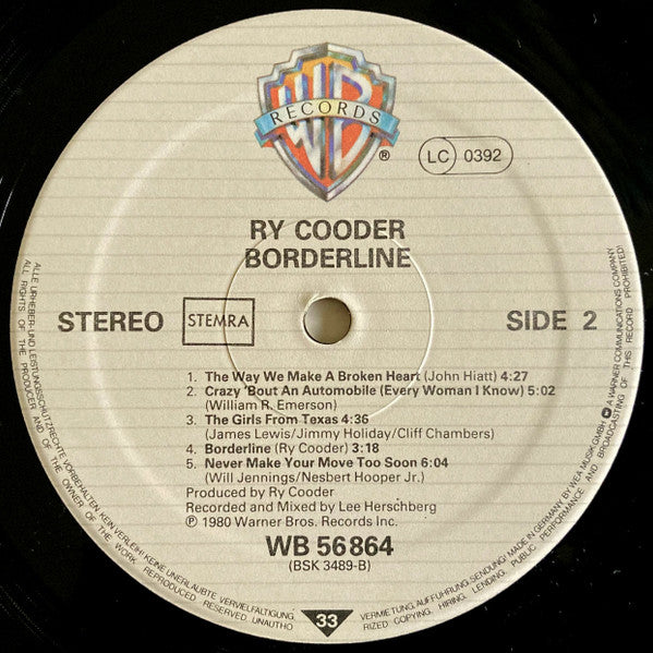 Ry Cooder : Borderline (LP, Album)