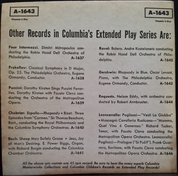 George Gershwin - Oscar Levant / The Philadelphia Orchestra / Eugene Ormandy : Rhapsody In Blue (7", EP)