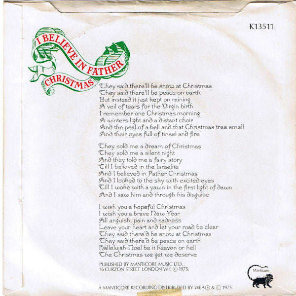 Greg Lake : I Believe In Father Christmas (7", Single, Pic)