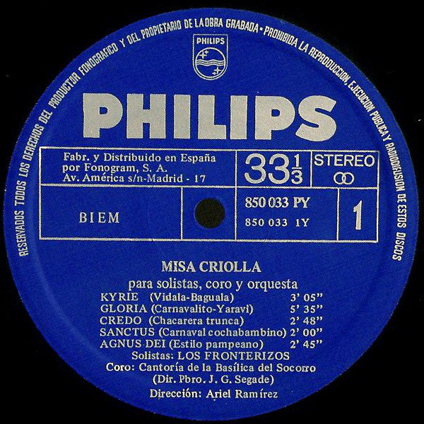 Los Fronterizos Coro: Cantoría De La Basílica Del Socorro Dirección: Padre Jesús Gabriel Segade Dirección: Ariel Ramirez : Misa Criolla / Misa Luba (LP, Album, RE)