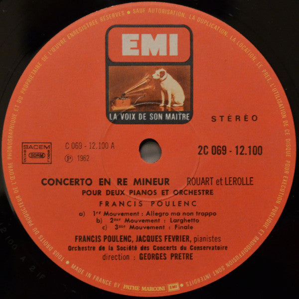 Francis Poulenc ‧ Aimée Van De Wiele ‧ Jacques Février ‧ Societe Des Concerts Du Conservatoire*, Georges Prêtre : Concerto En Ré Mineur Pour Deux Pianos Et Orchestre / Concert Champêtre Pour Clavecin Et Orchestre (LP, Album, RE, Gat)