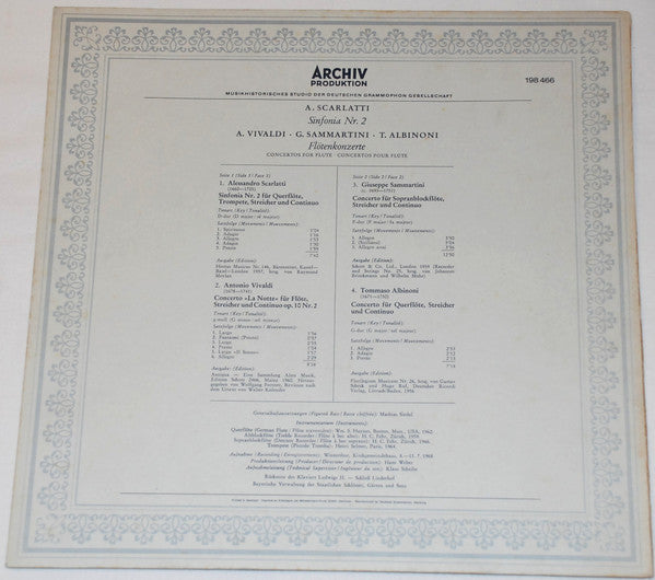 Alessandro Scarlatti, Antonio Vivaldi, Giuseppe Sammartini, Tomaso Albinoni, Hans-Martin Linde, Maurice André, Collegium Musicum Zürich, Paul Sacher : A. Scarlatti Sinfonia No. 2. A. Vivaldi, G. Sammartini, T. Albinioni Flötenkonzerte, Concertos For Flute, Concertos Pour Flûte  (LP)