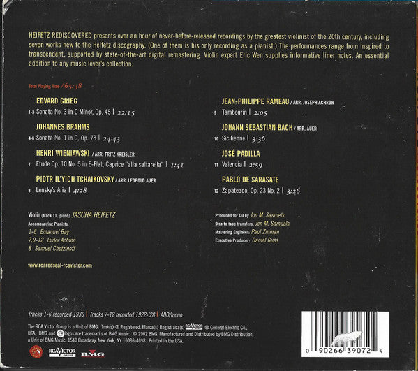 Jascha Heifetz : Heifetz Rediscovered (CD, Mono, RE, RM)