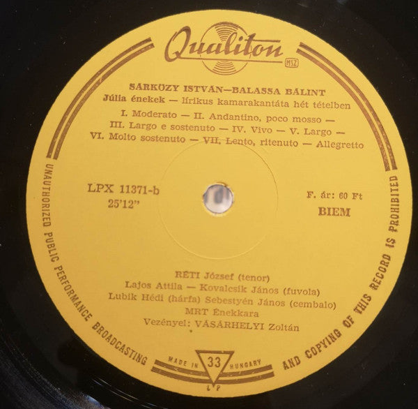 Istvan Sarkozy, Erika Sziklay, József Réti, Budapesti Kórus, Magyar Rádió És Televízió Énekkara, Hungarian State Orchestra, András Kórodi, Vásárhelyi Zoltán : Aki Szegeny....Julia Enekek (LP, Album, Mono)