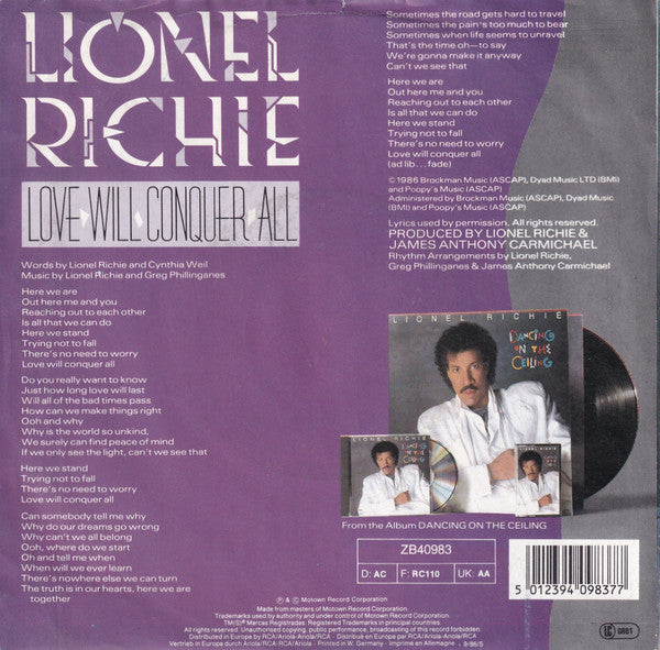Lionel Richie : Love Will Conquer All (7", Single)