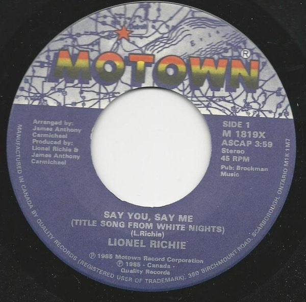 Lionel Richie : Say You, Say Me (Title Song From White Nights) (7")