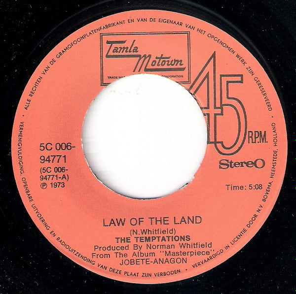 The Temptations : Law Of The Land / Run Charlie Run (7", Single)