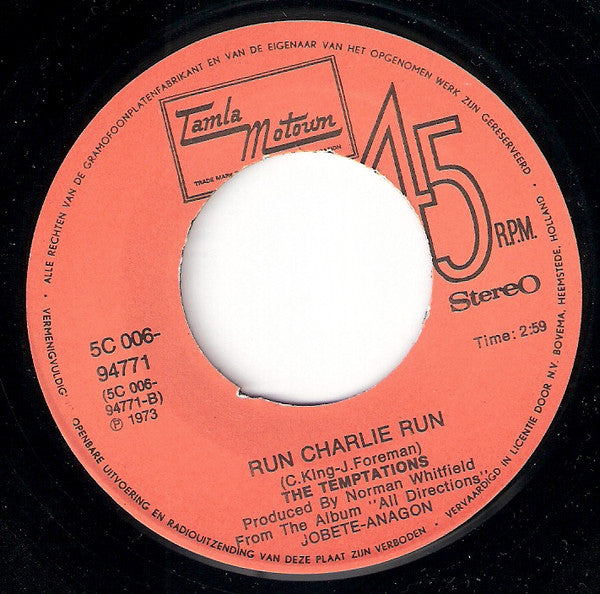 The Temptations : Law Of The Land / Run Charlie Run (7", Single)