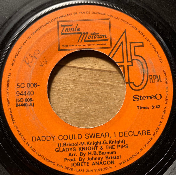 Gladys Knight And The Pips : Daddy Could Swear, I Declare / For Once In My Life (7", Single)