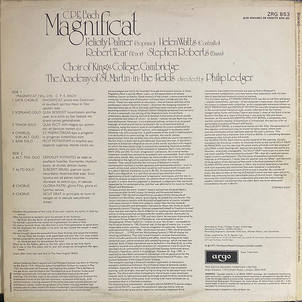 Carl Philipp Emanuel Bach, Felicity Palmer, Robert Tear, Helen Watts, Stephen Roberts (2), The King's College Choir Of Cambridge, The Academy Of St. Martin-in-the-Fields Directed By Philip Ledger : Magnificat (LP)