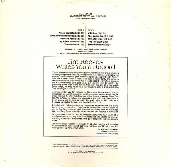 Jim Reeves : Writes You A Record (LP, Comp)