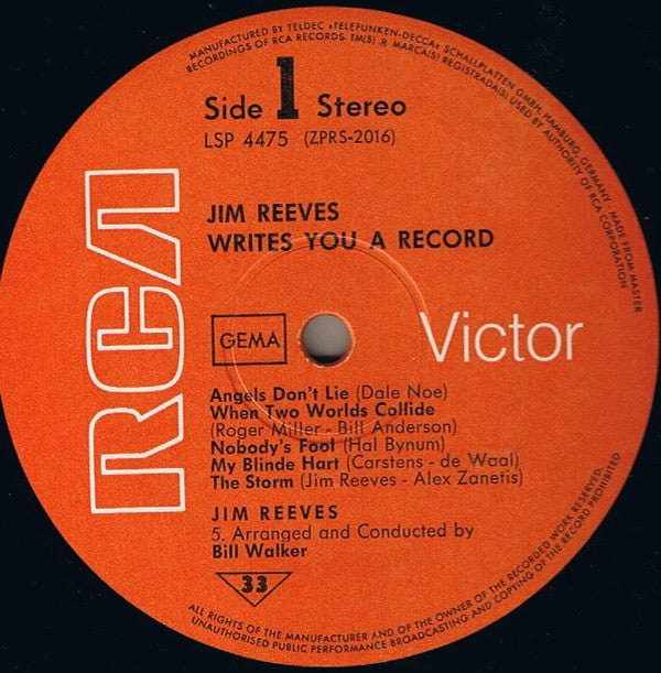 Jim Reeves : Writes You A Record (LP, Comp)