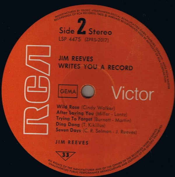 Jim Reeves : Writes You A Record (LP, Comp)