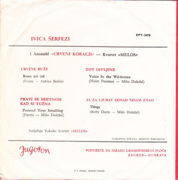 Ivica Šerfezi i Crveni Koralji : Crvene Ruže (7", EP)