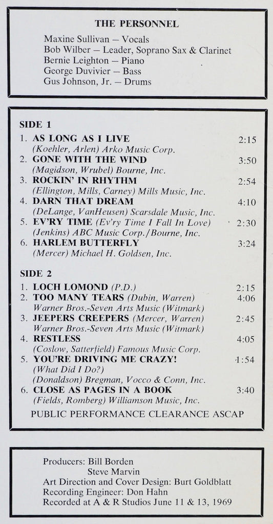 Maxine Sullivan / Bob Wilber : Close As Pages In A Book (LP, Album, Uni)