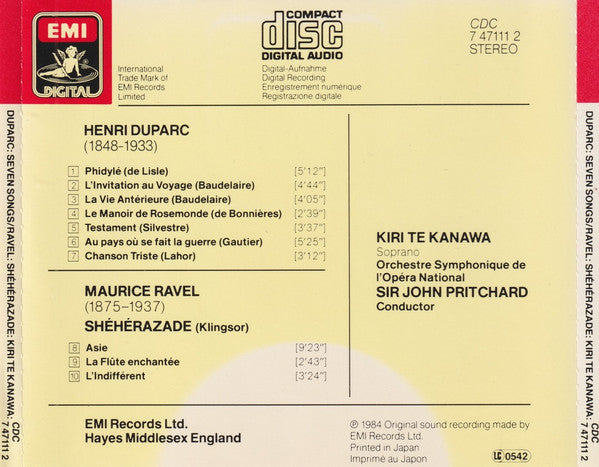 Kiri Te Kanawa / Orchestre Symphonique De L'Opéra National De Belgique / John Pritchard Sir John Pritchard  Maurice Ravel / Henri Duparc : Shéhérazade / Melodies (CD)