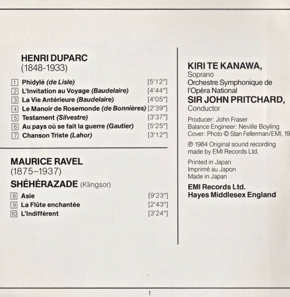 Kiri Te Kanawa / Orchestre Symphonique De L'Opéra National De Belgique / John Pritchard Sir John Pritchard  Maurice Ravel / Henri Duparc : Shéhérazade / Melodies (CD)