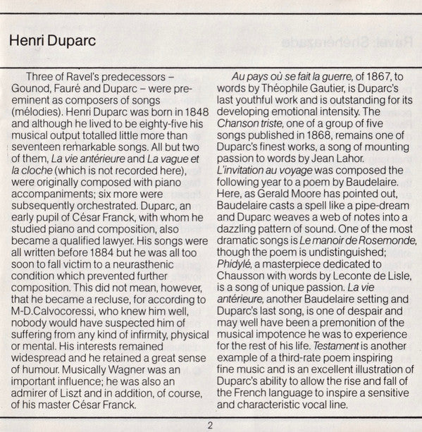 Kiri Te Kanawa / Orchestre Symphonique De L'Opéra National De Belgique / John Pritchard Sir John Pritchard  Maurice Ravel / Henri Duparc : Shéhérazade / Melodies (CD)