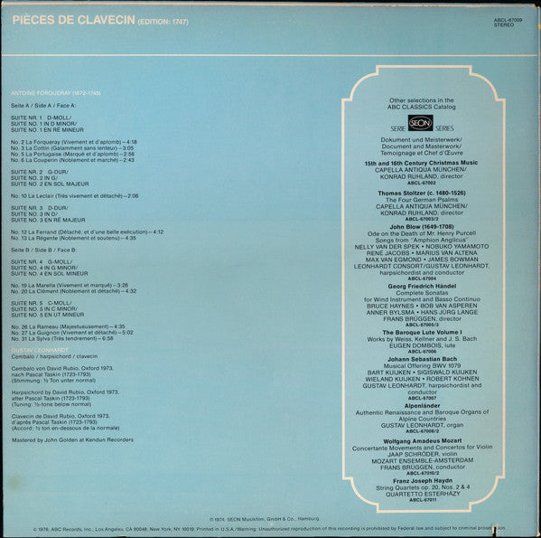 Antoine Forqueray - Gustav Leonhardt : Pièces De Clavecin (LP, Album)