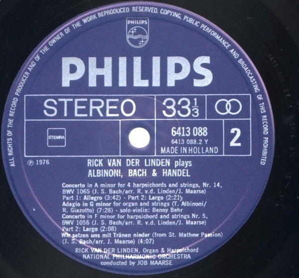 Rick Van Der Linden : Plays Albinoni, Bach And Handel (LP)