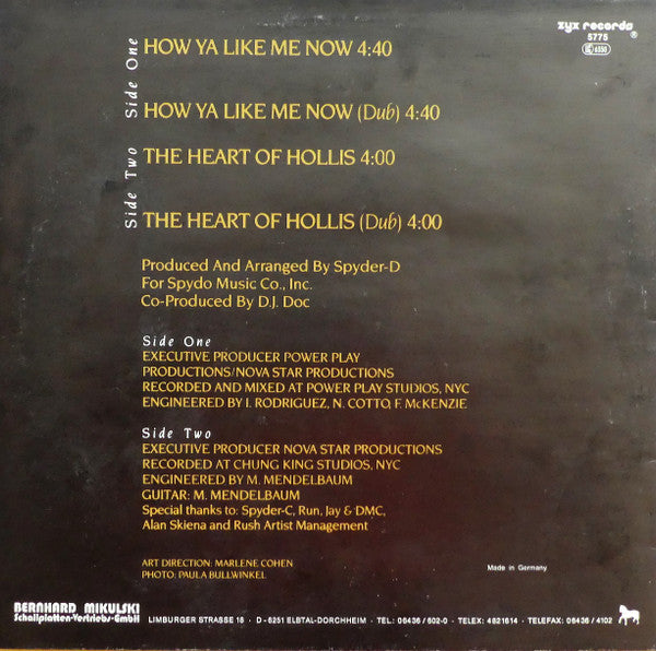 Spyder-D Featuring DJ Doc : How Ya Like Me Now / The Heart Of Hollis (12")