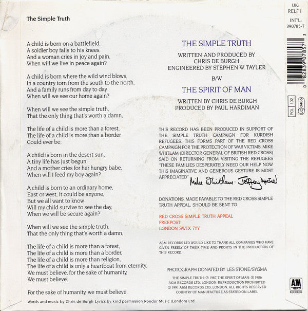 Chris de Burgh : The Simple Truth (Campaign For Kurdish Refugees) (7", Single, Sil)