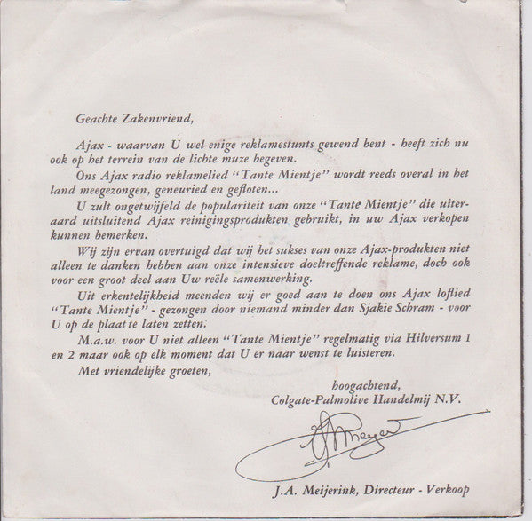 Sjakie Schram : Tante Mientje En De Witte Tornado (Loflied Op Ajax Allesreiniger) (7")