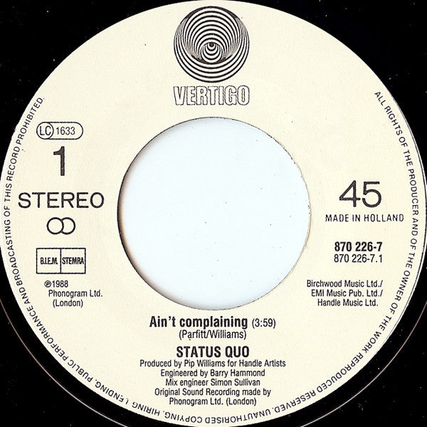 Status Quo : Ain't Complaining (7", Single, Pap)