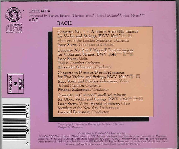 Johann Sebastian Bach, Isaac Stern, Pinchas Zukerman, Harold Gomberg, Leonard Bernstein, Alexander Schneider : Concertos For 1&2 Violins & Strings BWV 1041,1042,1043 & 1060 (CD, Comp, RM)