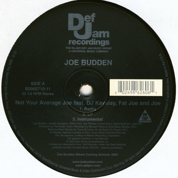 Joe Budden Feat. DJ Kayslay*, Fat Joe And Joe : Not Your Average Joe (12")