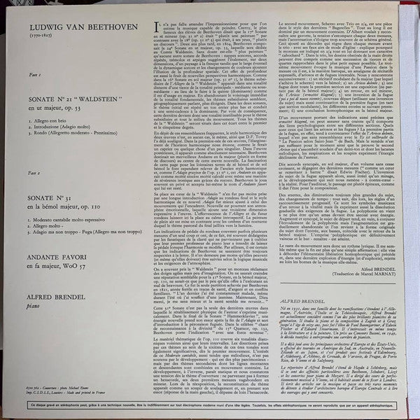 Alfred Brendel - Ludwig van Beethoven : Sonate Op. 53 "Waldstein" et Andante Favori, Sonate Op. 110 (LP)