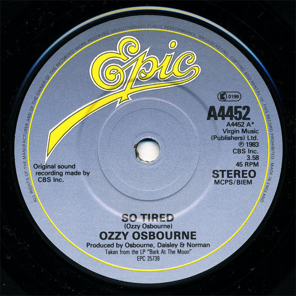 Ozzy Osbourne : So Tired (7", Single)