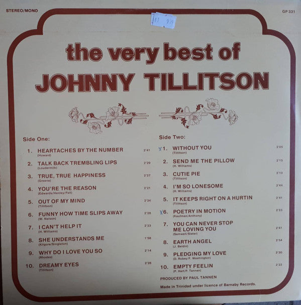 Johnny Tillotson : The Very Best Of Johnny Tillitson (LP, Comp, Mono)