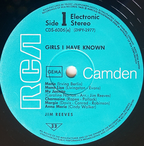 Jim Reeves : Girls I Have Known (LP, Album, RE)