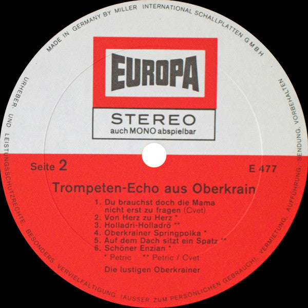 Die Lustigen Oberkrainer : Trompeten-Echo Aus Oberkrain (LP)