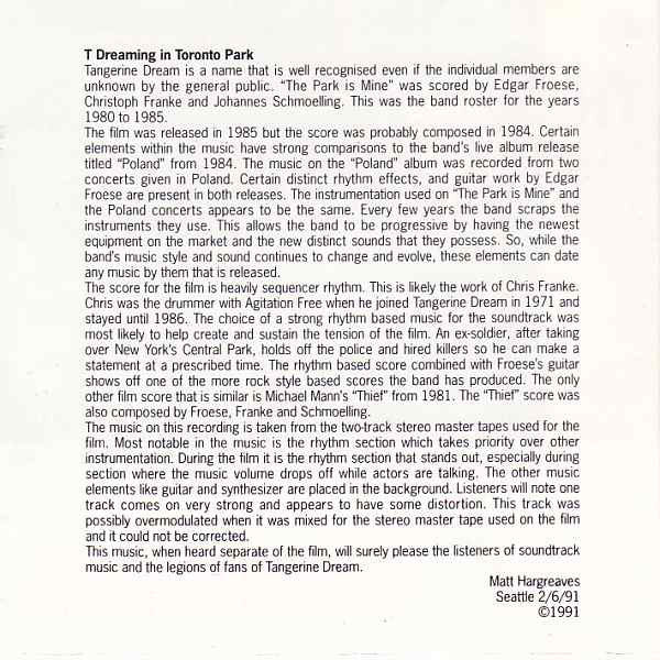 Tangerine Dream : The Park Is Mine (Original Soundtrack Recording) (CD, Album)